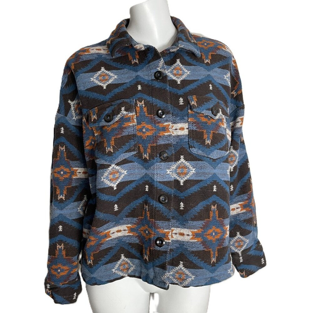 Rock & Roll Shirt Jacket Shacket Women L Blue Aztec 100% Cotton Jacquard Western